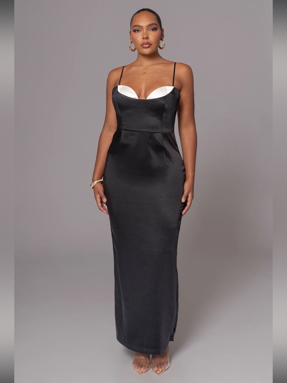 JLUXLABEL Black Satin Maxi Dress with White Contrast Bust